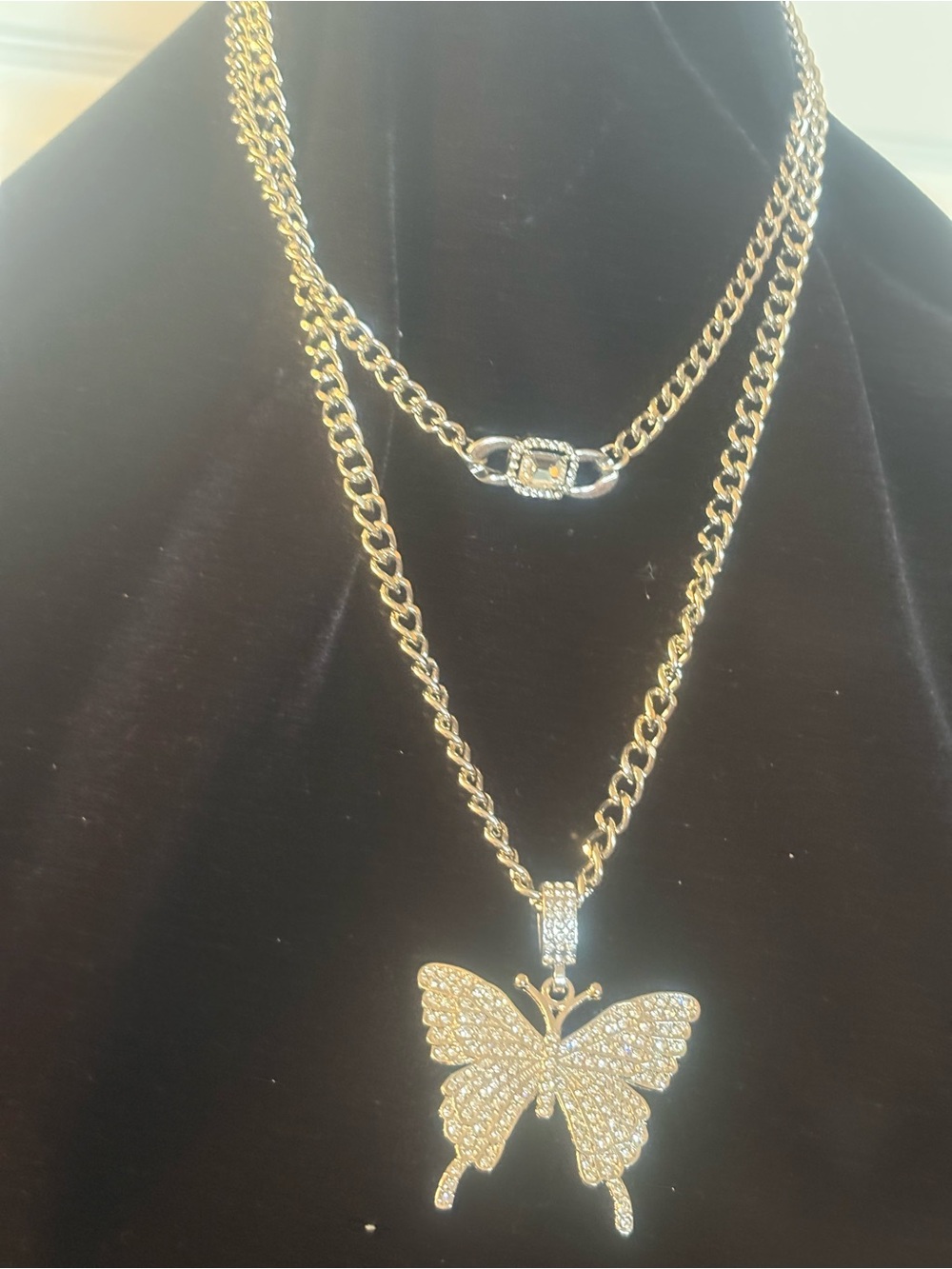Silver Butterfly Pendant Necklace - Sparkling Layered Chain